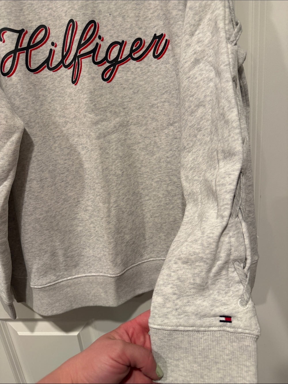 Tommy Hilfiger Heather Gray Sweatshirt with Red & Navy Script - Picture 2 of 4